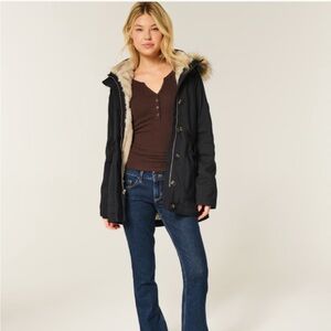 Hollister Black Parka Jacket with Faux Fur Lining